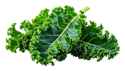 Close-up of two fresh, vibrant green kale leaves with detailed textures against black background