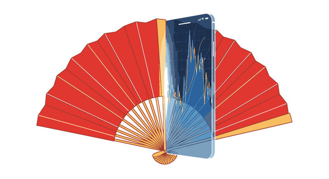 An artistic illustration featuring a smartphone displaying a financial chart, set against a vibrant red fan, symbolizing technology and culture.