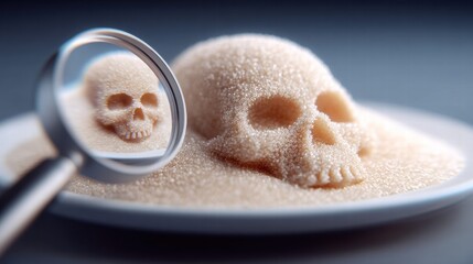 A sugar skull with a magnifying glass, symbolizing health and harmful sweets.