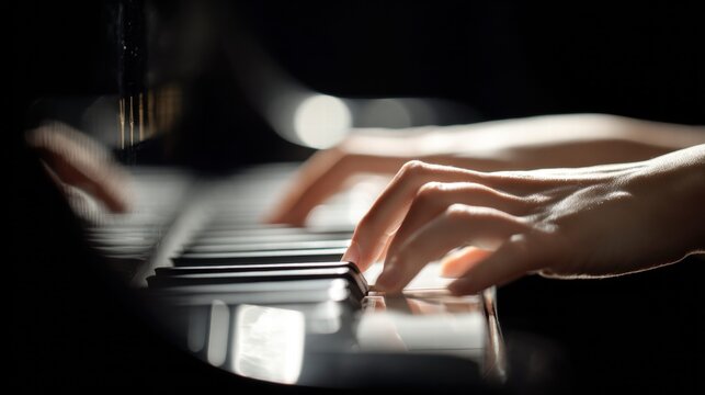 Pianist's hands play a grand piano, creating beautiful music with a focus on detail and emotion.