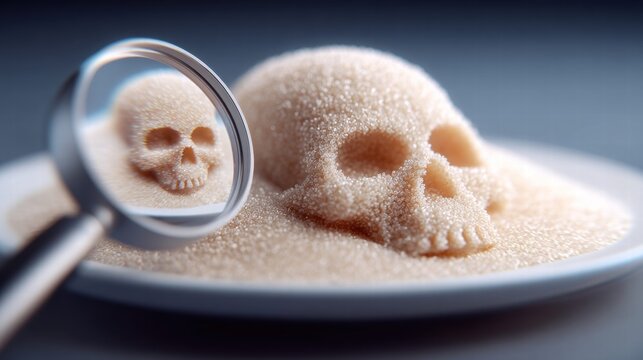 A sugar skull with a magnifying glass, symbolizing health and harmful sweets.