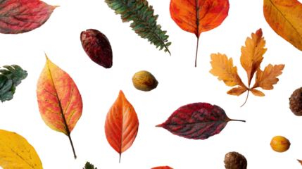 Colorful Autumn Leaves and Nuts Pattern on White Background