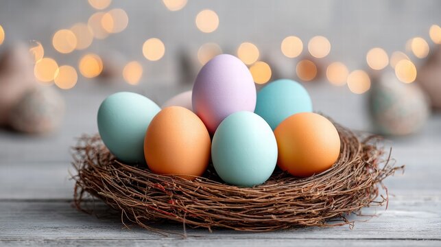 Colorful Easter eggs nestled in a rustic nest with a blurred background.