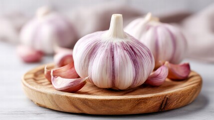 Fresh garlic bulbs and cloves on a wooden plate.