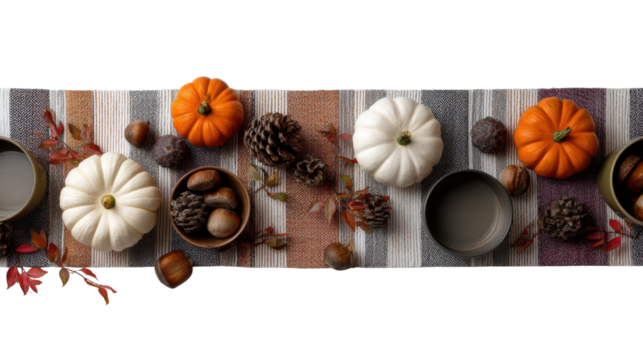 Autumn Table Runner with Mini Pumpkins, Pine Cones and Fall Leaves Flat Lay