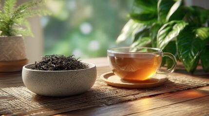 Fresh Tea Leaves and Glass of Amber Tea on Wooden Table