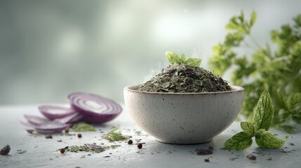 Finely Chopped Herb Seasoning in Ceramic Bowl with Fresh Parsley