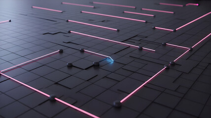 Dynamic neon light path on modern grid, abstract digital technology design trend