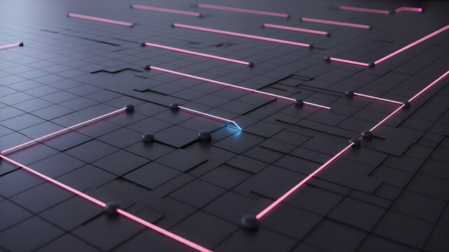 Dynamic neon light path on modern grid, abstract digital technology design trend