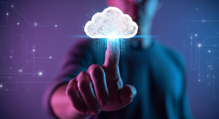 Future of cloud computing: a human finger touches a luminous digital cloud, representing data storage, network security, and global information technology.