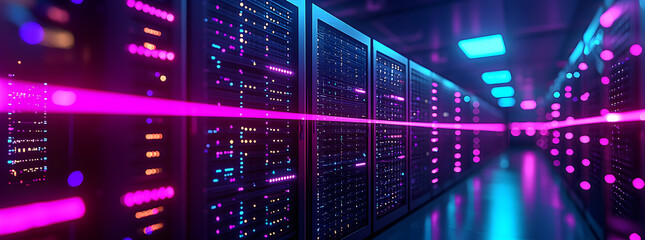 Futuristic network server room with active data flow, high-speed connections, and advanced high-performance computing hardware