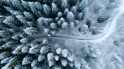 Aerial view of snowy winter forest with winding road in Christmas season