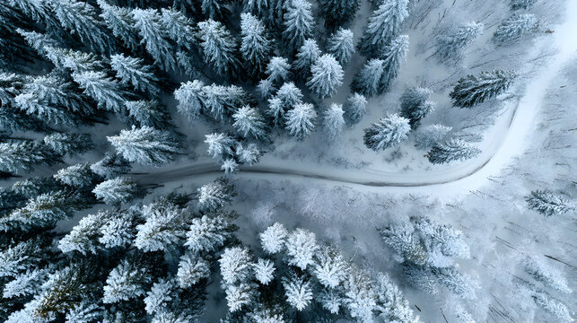 Aerial view of snowy winter forest with winding road in Christmas season - Powered by Adobe