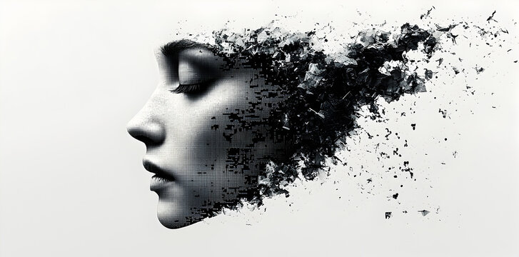 Surreal cybernetic portrait of a fading human face merging with virtual reality, representing memory scanning, emotional digitization, and abstract consciousness