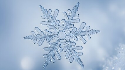 Extreme close up macro shot of ice crystal snowflake on soft snow