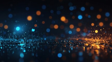 Abstract bokeh lights in blue and orange reflecting on a dark surface