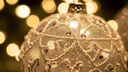 Close up of christmas ball with sparkle and blurred light background