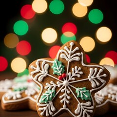 Christmas ginger bread star cookie with snowflake design and bokeh light