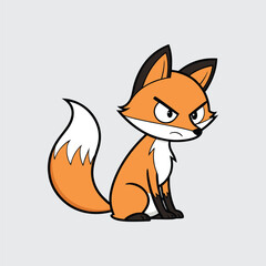 Obraz premium Cute Cartoon Fox Character Design with Angry Face Expression Vector Illustration on Plain Background Sitting Down View with Orange Body and White Belly and Tail