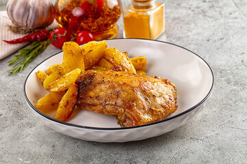 Fried chicken leg with baked potato