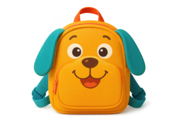 Cute yellow dog backpack with blue ears isolated on a transparent background