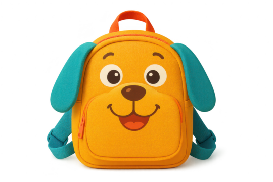 Cute yellow dog backpack with blue ears isolated on a transparent background
