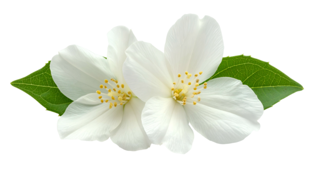 Close-up of delicate white blossoms with yellow stamens, flanked by bright green leaves
