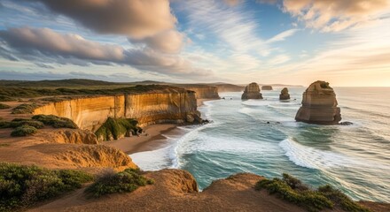 Majestic Coastal Cliffs and Sea Stacks at Golden Hour