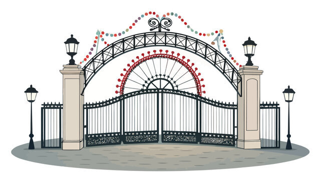Whimsical entrance gate art welcomes visitors to a magical place, perfect for theme parks, gardens, and festive celebrations, a vintage illustration