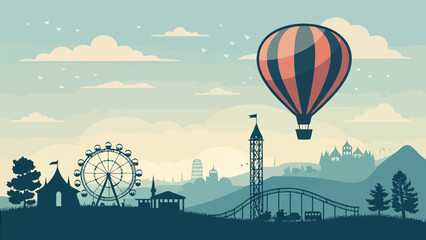 Whimsical amusement park scene with a hot air balloon ride, ferris wheel, and roller coaster promises fun and excitement for all ages, an escapist fantasy