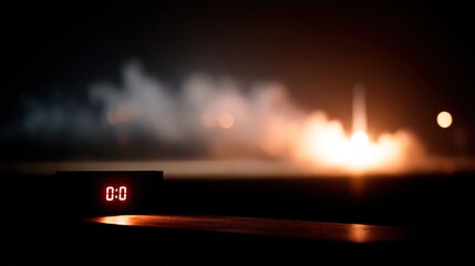Digital clock displaying zero zero in  foreground against  blurred fiery ascent of  rocket launching at night