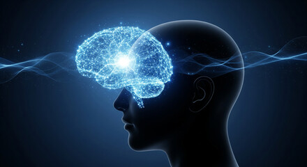 Conceptual visualization of human intelligence and artificial intelligence; a glowing digital brain network within a head silhouette symbolizes innovation and thought.