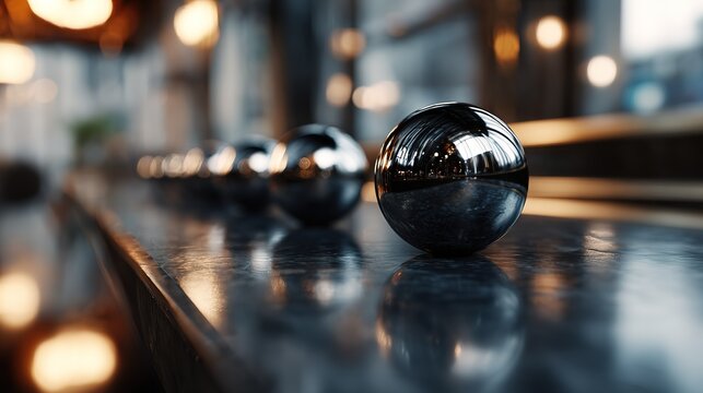 Row of polished chrome spheres resting on  dark reflective countertop with warm blurred background lights creating bokeh effects