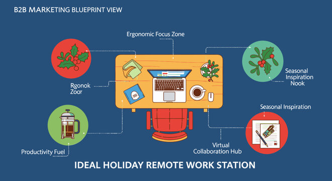 Overhead view of an ideal holiday remote workstation, a festive and productive home office setup for creative inspiration and virtual collaboration.