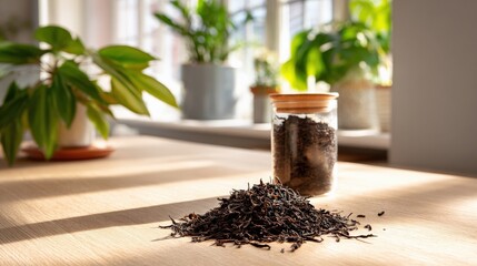 Loose Black Tea Leaves and Glass Jar in Cozy Light