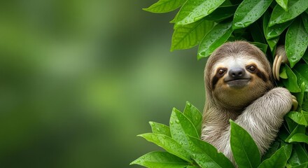 Naklejka premium Cute Sloth Peeking from Lush Tropical Leaves