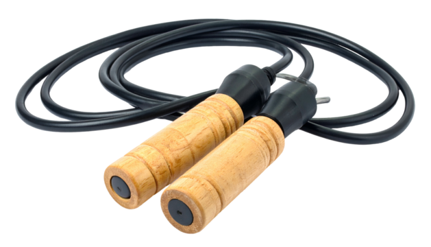 Black jump rope with wooden handles against a black background, close-up shot - Powered by Adobe