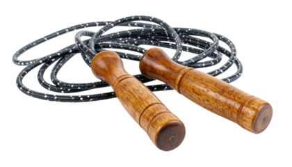 Close-up of a coiled exercise rope with wooden handles, set against a transparent backdrop