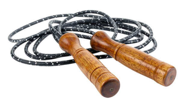 Close-up of a coiled exercise rope with wooden handles, set against a transparent backdrop