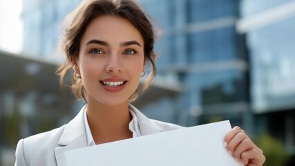 Young caucasian female professional holding blank sign in urban business setting