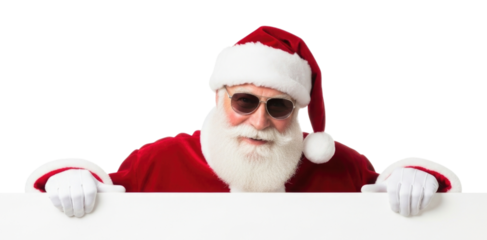 Cool santa claus with sunglasses peeking over a white board transparent background cutout png