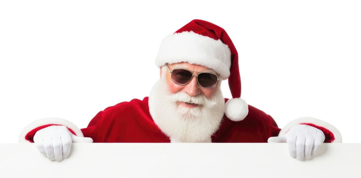 Cool santa claus with sunglasses peeking over a white board transparent background cutout png - Powered by Adobe