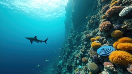 Shark swimming near colorful coral reef in clear blue ocean water