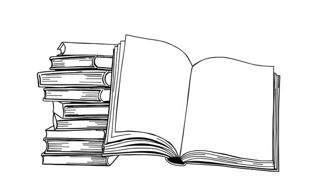 Hand drawn black and white line illustration featuring a stack of books alongside an open book with blank pages, evoking education and knowledge, research, icon