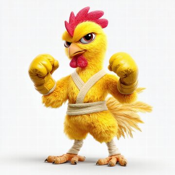 A yellow cartoon chicken, wearing boxing gloves, is ready to fight, with an aggressive expression.