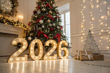 r, positioned on the right side of the frame. In the background, large, illuminated text prominently displays "HAPPY NEW YEAR 2026" against a dark blue sky filled with dazzling fireworks exploding in