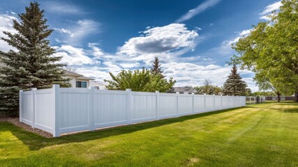 Obraz premium White fence in a lush green yard under a bright blue sky with fluffy clouds.