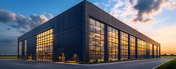 Contemporary R&D center or logistics hub with transparent glass hall design, emphasizing innovation and efficiency