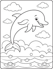 Happy cartoon dolphin leaping out of the ocean water, playful marine animal line art drawing for kids coloring book