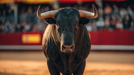 A formidable bull stares directly into the camera within a bullfighting arena.